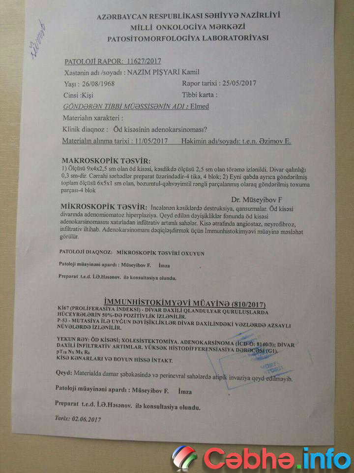 “Faytonçu” Nazimə qoyulan xərçəng diaqnozu:  Qalmaqallı analiz cavabları FOTOLARDA 