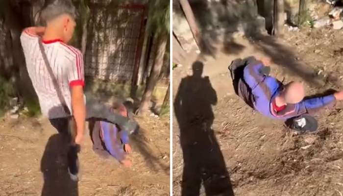 Küçədə yatan yaşlı kişini lağa qoyub,  təpiklədilər